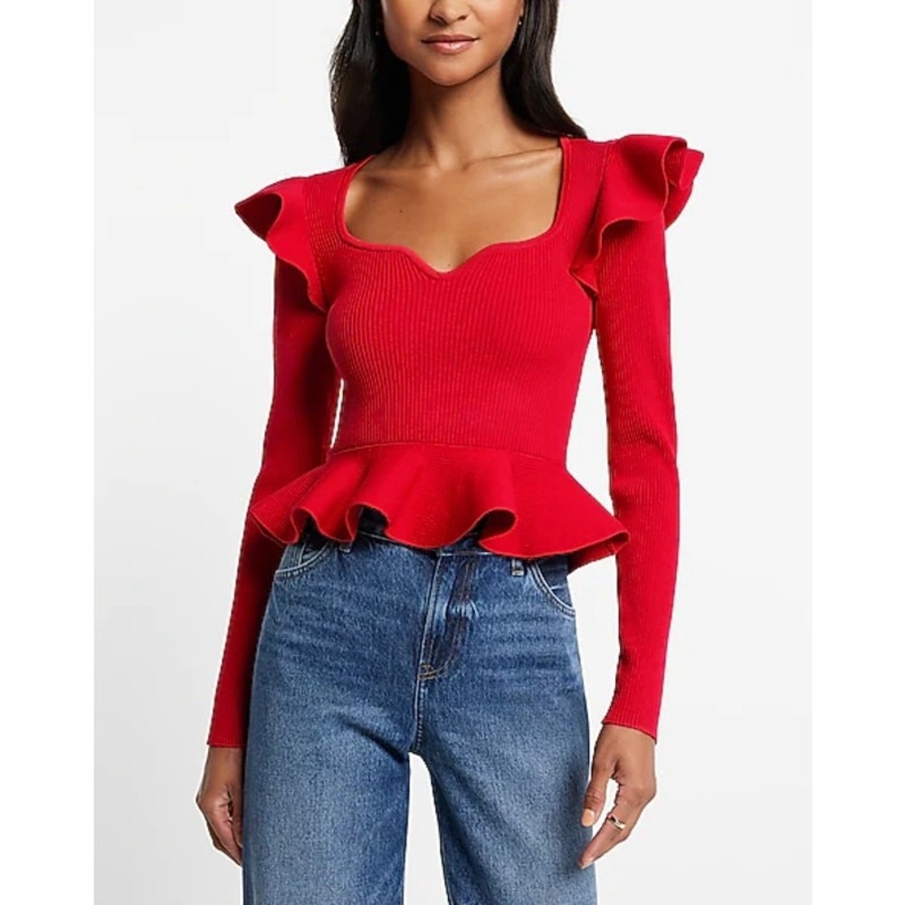Express Ribbed Sweetheart Neckline Ruffle Peplum Sweater Womens XL Red Ruffle